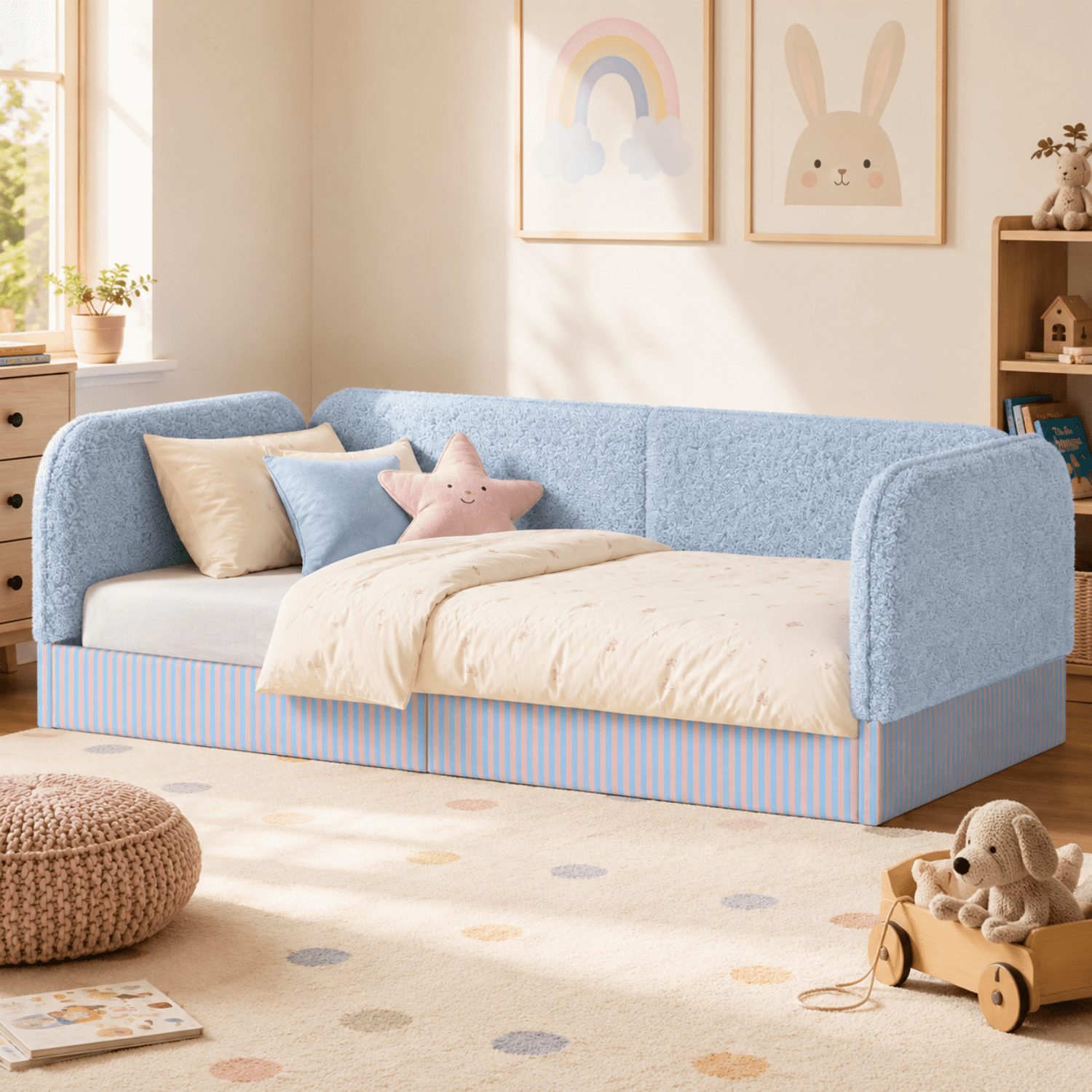 Miniyam Twin Kids Floor Bed with Padded Guardrails, Teddy Fleece Upholstered Montessori-Inspired Bed, Blue