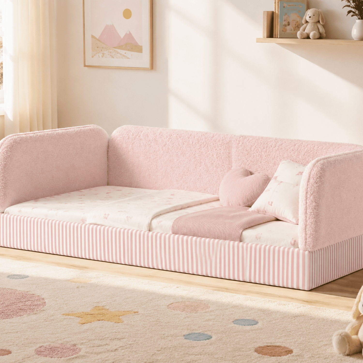 Miniyam Twin Kids Floor Bed with Padded Guardrails, Teddy Fleece Upholstered Montessori-Inspired Bed, Pink