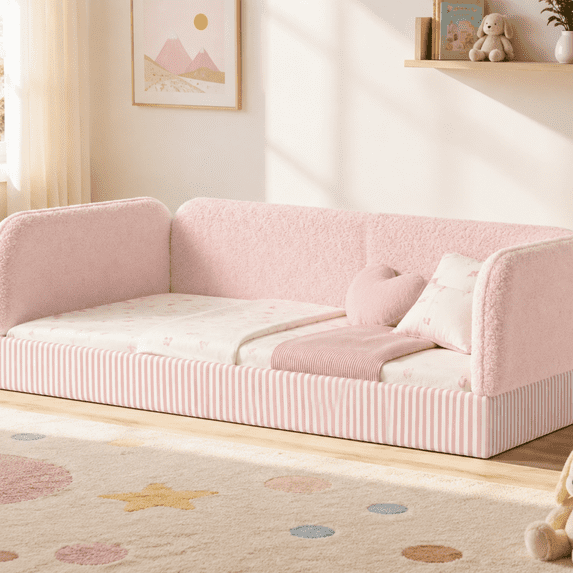 Miniyam Twin Kids Floor Bed with Padded Guardrails, Teddy Fleece Upholstered Montessori-Inspired Bed, Pink