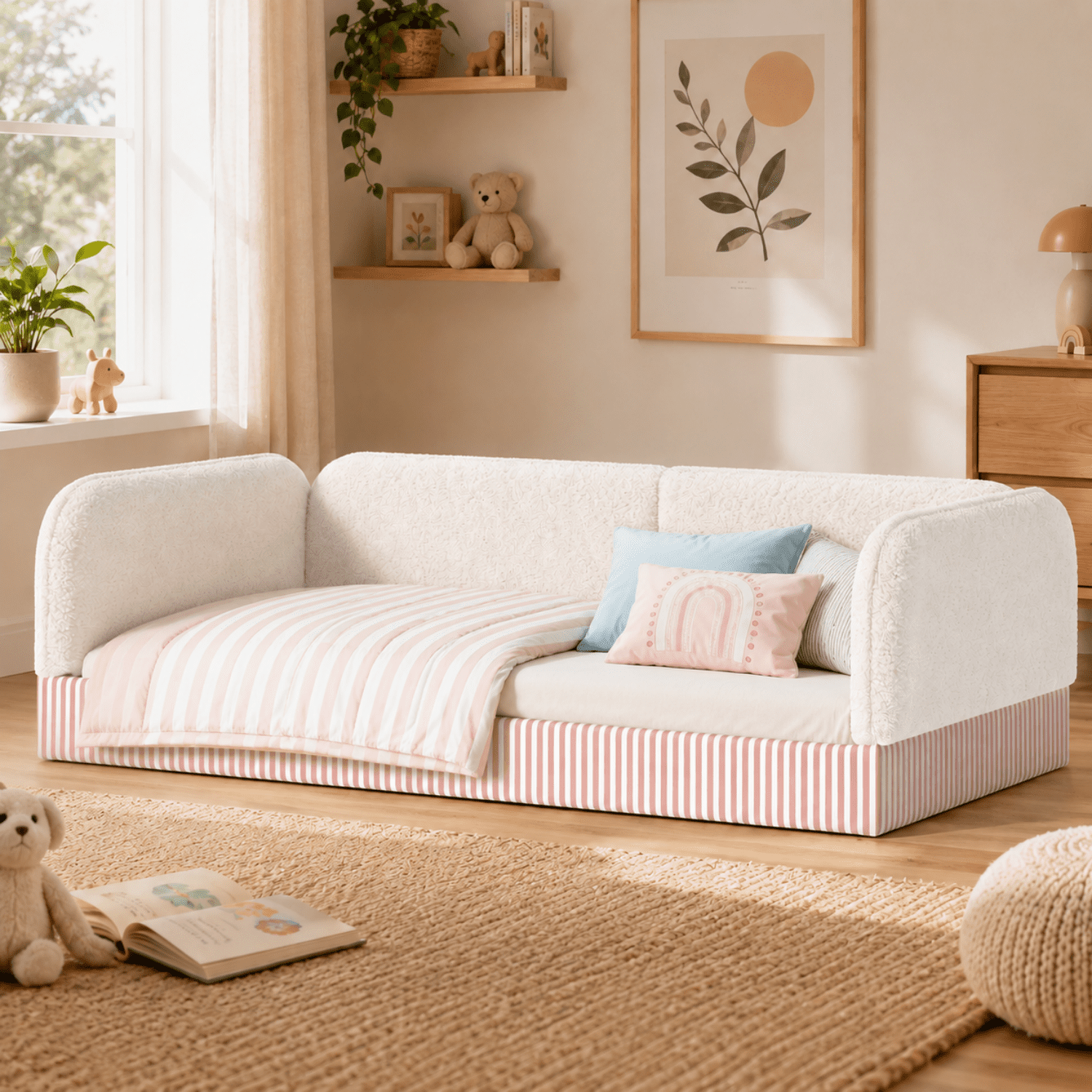 Miniyam Twin Kids Floor Bed with Padded Guardrails, Teddy Fleece Upholstered Montessori-Inspired Bed, White