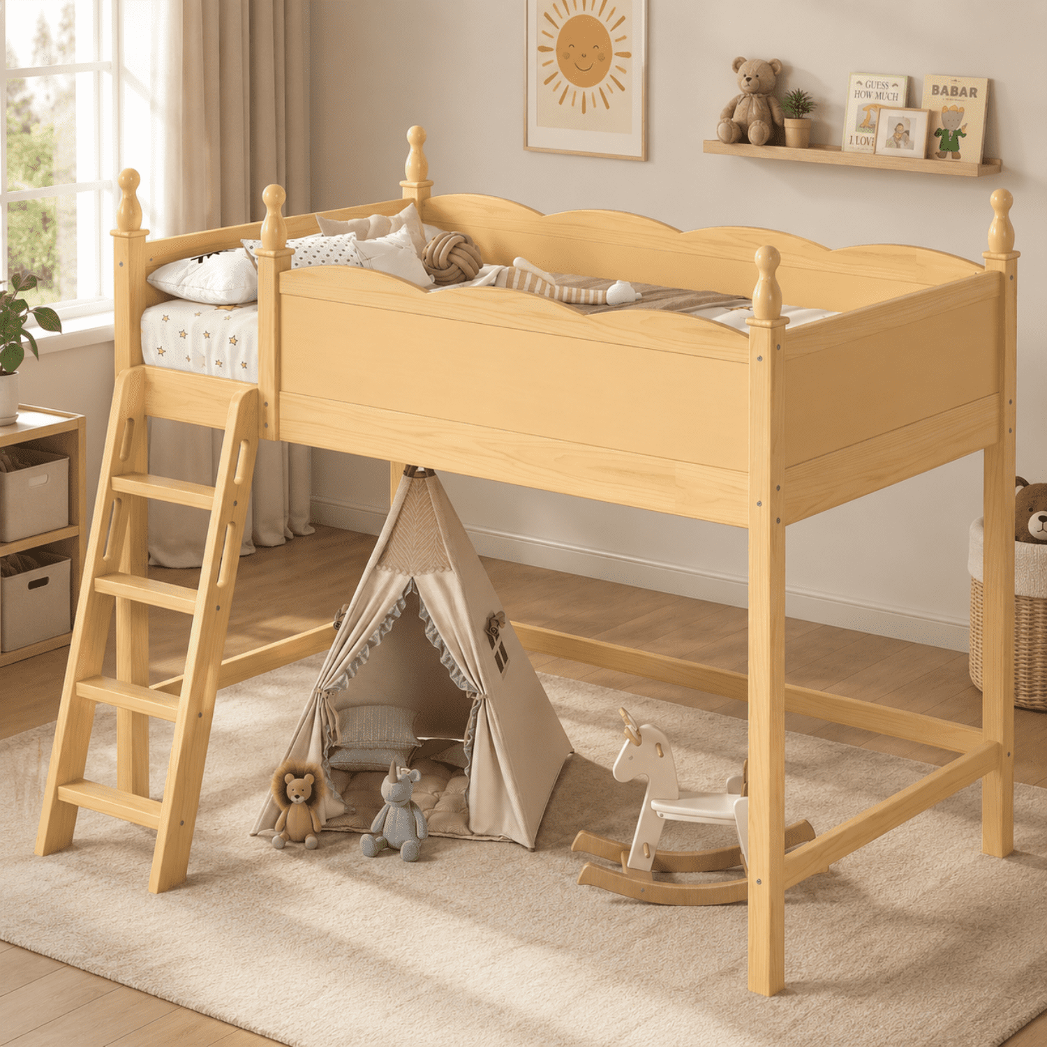 Miniyam Twin Loft Bed for Kids with Guardrails and Ladder, Solid Wood Space Saving Bed Frame, Natural