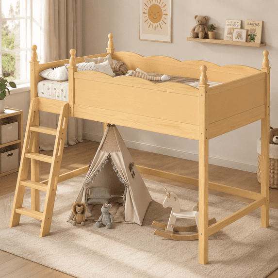 Miniyam Twin Loft Bed for Kids with Guardrails and Ladder, Solid Wood Space Saving Bed Frame, Natural