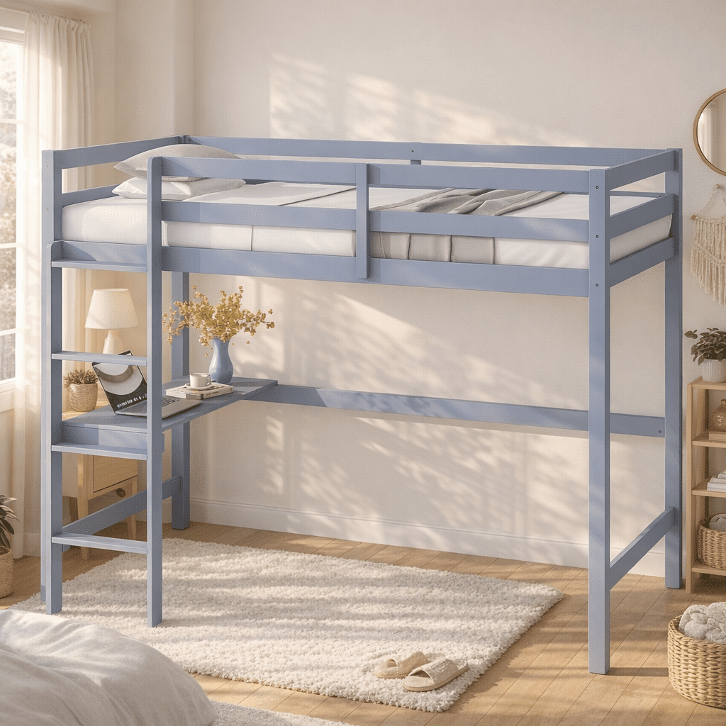 Miniyam Twin Loft Bed with Desk and Ladder, Rubber Wood Kids Bed with Guardrails, Gray