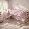 thumbnail image 1 of Miniyam Twin Loft Bed with Desk and Ladder, Rubber Wood Kids Bed with Guardrails, Pink, 1 of 6
