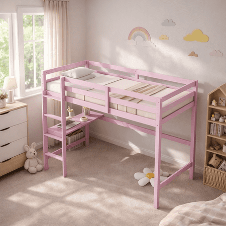 Miniyam Twin Loft Bed with Desk and Ladder, Rubber Wood Kids Bed with Guardrails, Pink