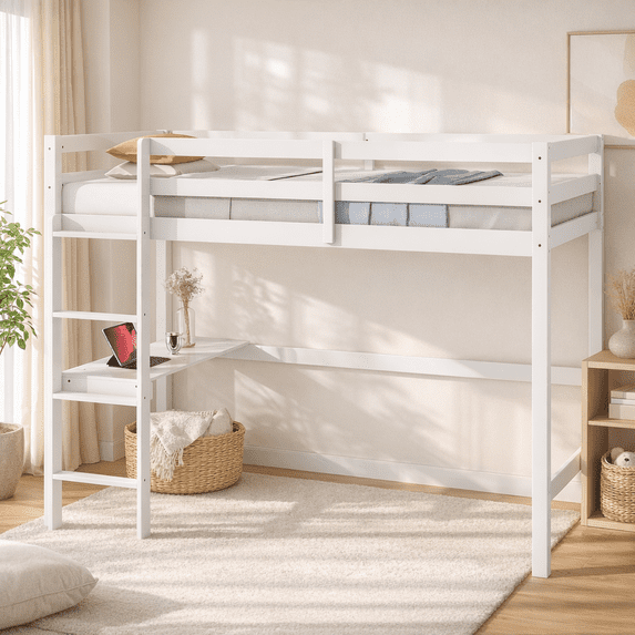Miniyam Twin Loft Bed with Desk and Ladder, Rubber Wood Kids Bed with Guardrails, White