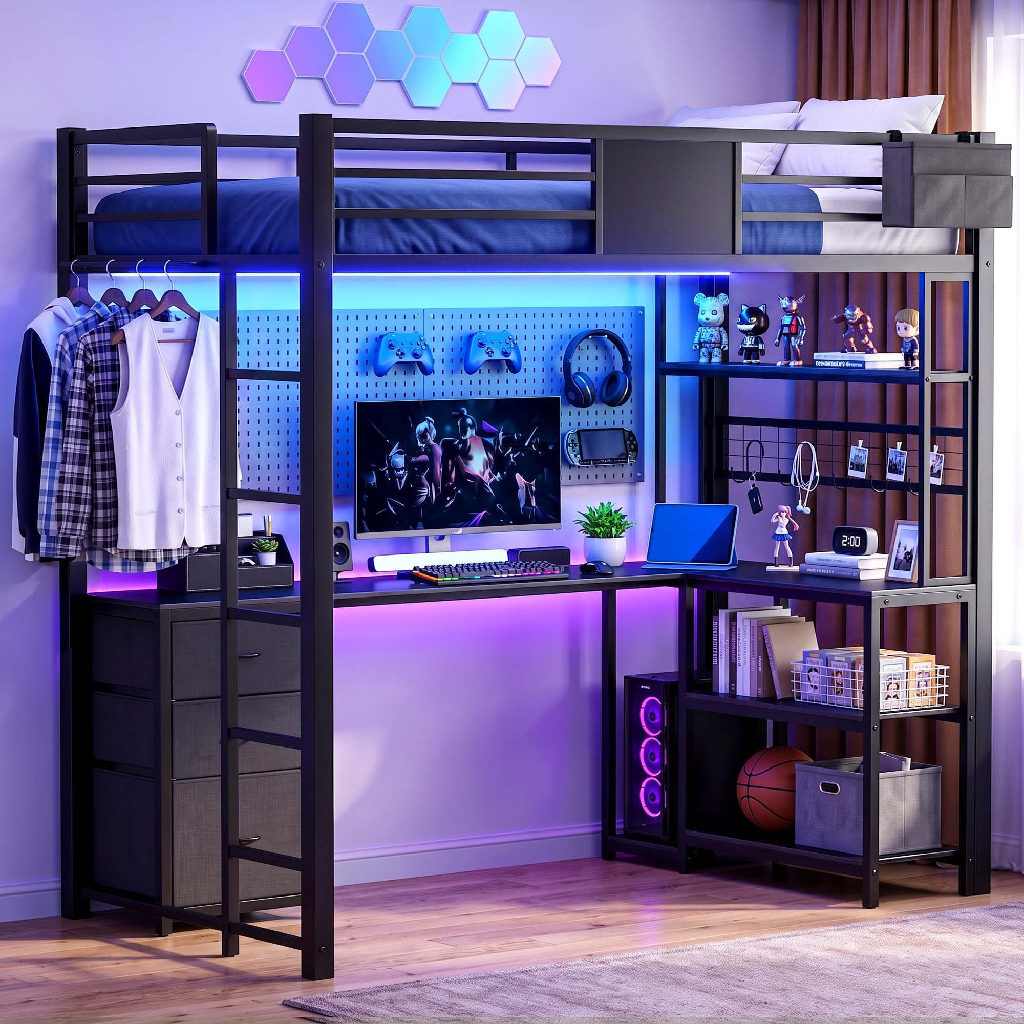 Miniyam Twin Loft Bed with L-Shaped Desk and Storage, LED Light and Charging Station, Black
