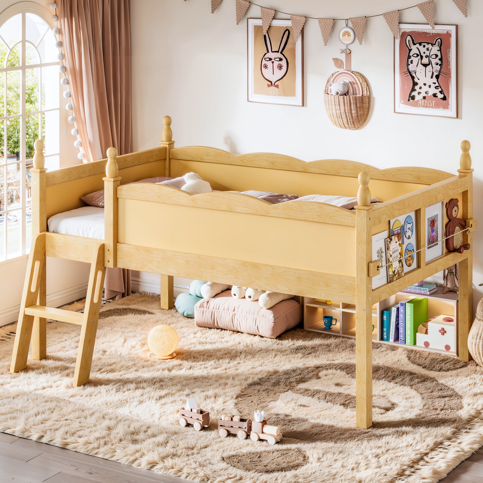 Miniyam Twin Low Loft Bed with Bookshelf and Guardrails, Wood Kids Bed for Bedroom, Natural
