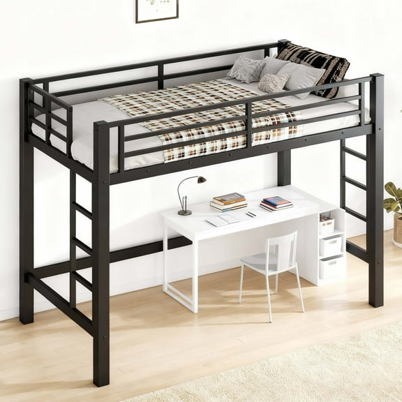 Miniyam Twin Metal Loft Bed Frame with Two Ladders and 50" Open Space, Black