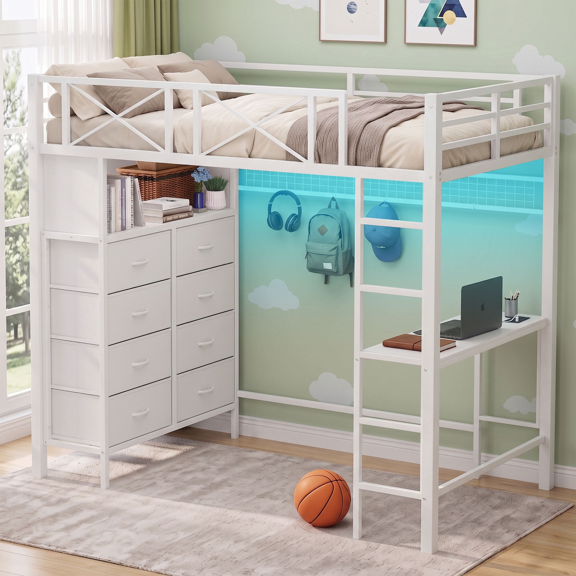 Miniyam Twin Metal Loft Bed with Desk and 8 Drawers Storage,USB Charage and LED Light,White