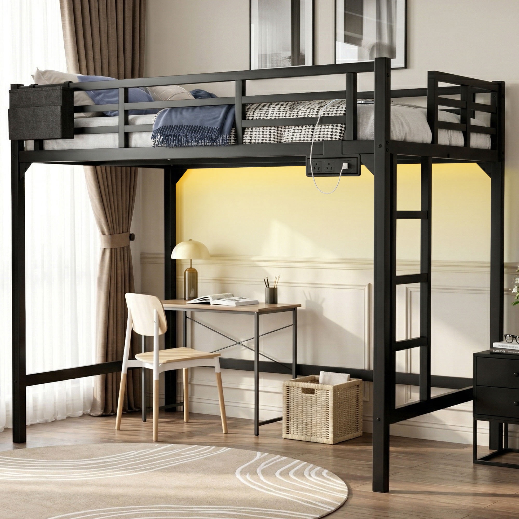 Miniyam Twin Metal Loft Bed with LED and Charging Station for Dorms and Apartments, Black