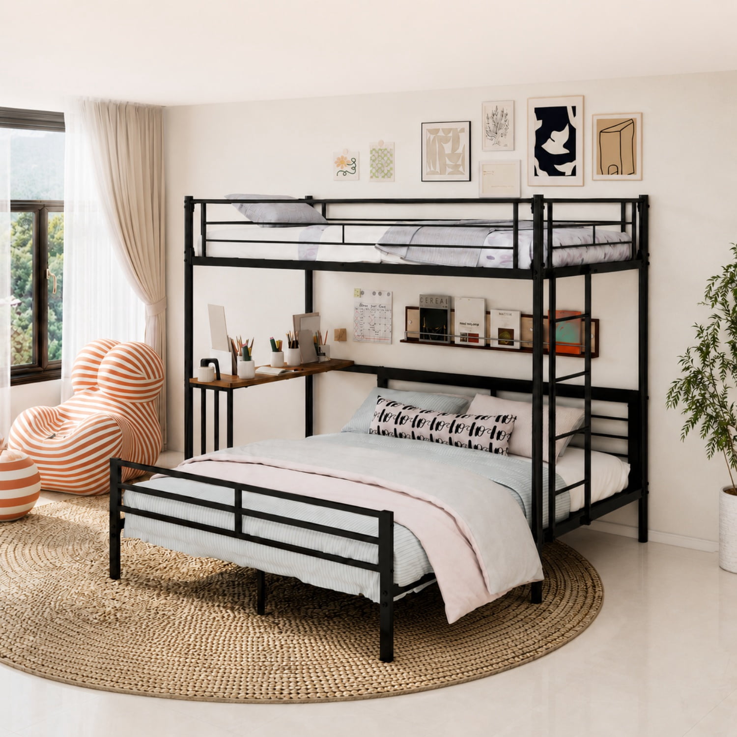 Miniyam Twin Over Full Bunk Bed with Built-In Desk – Metal Space-Saving Bed for Kids, Teens, Dorm Rooms, Black