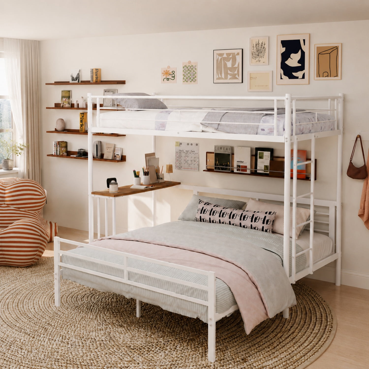 Miniyam Twin Over Full Bunk Bed with Built-In Desk – Metal Space-Saving Bed for Kids, Teens, Dorm Rooms, White