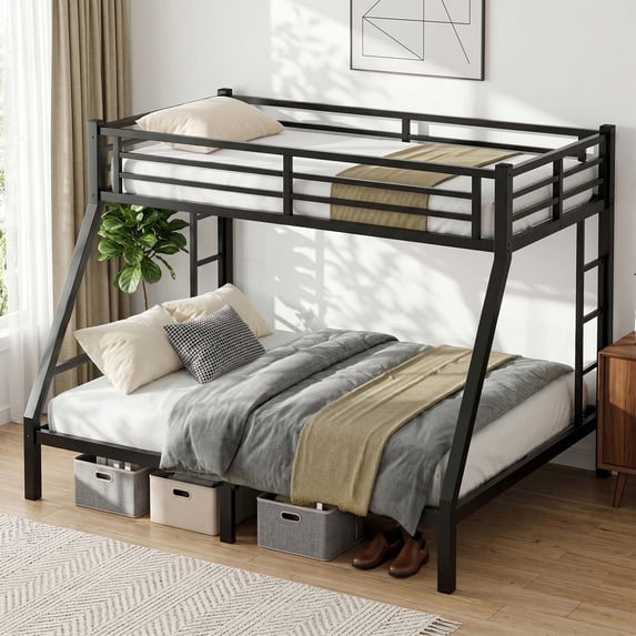 Miniyam Twin Over Full Metal Bunk Bed Frame with Ladder and Guardrails, Black