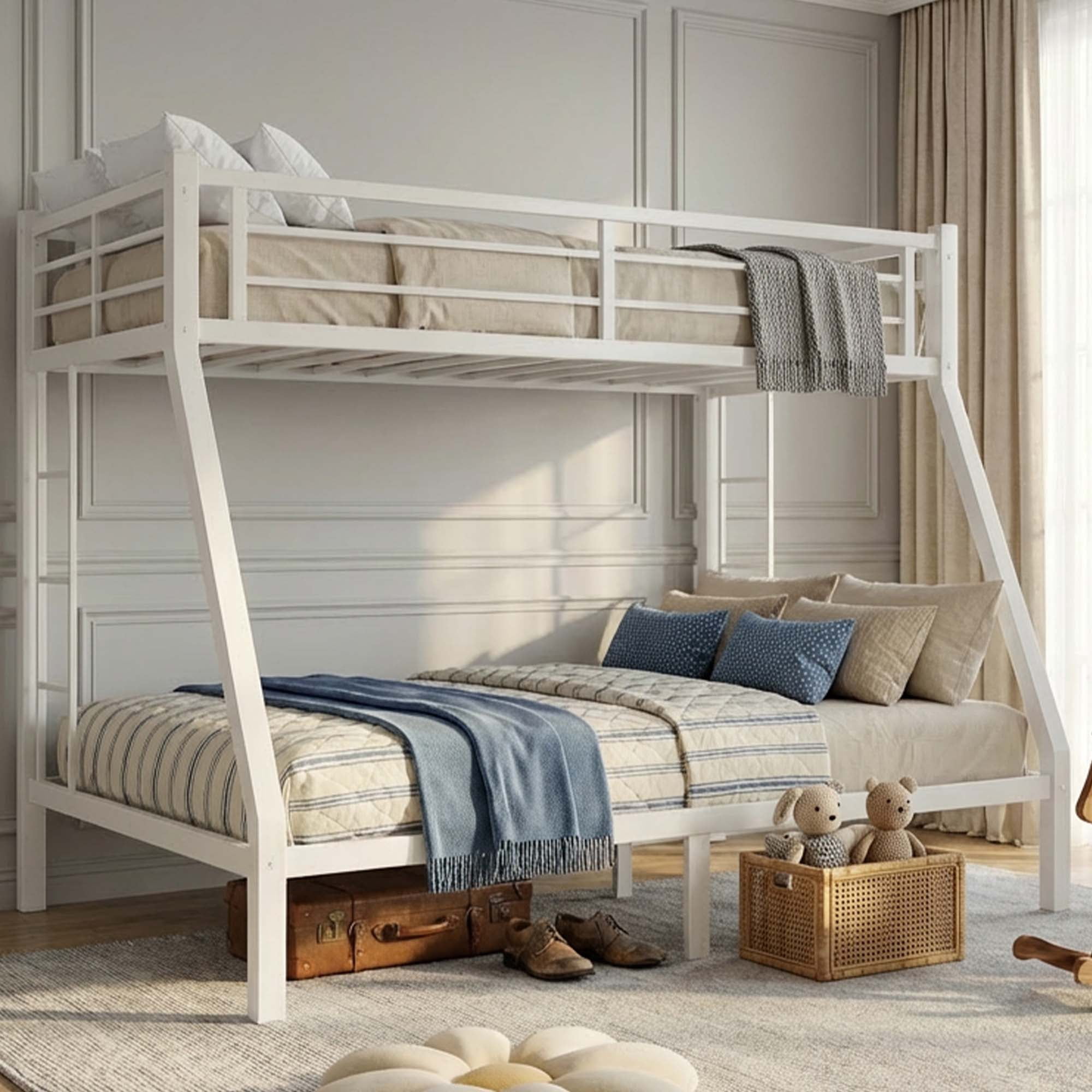 Miniyam Twin Over Full Metal Bunk Bed Frame with Ladder and Guardrails, White