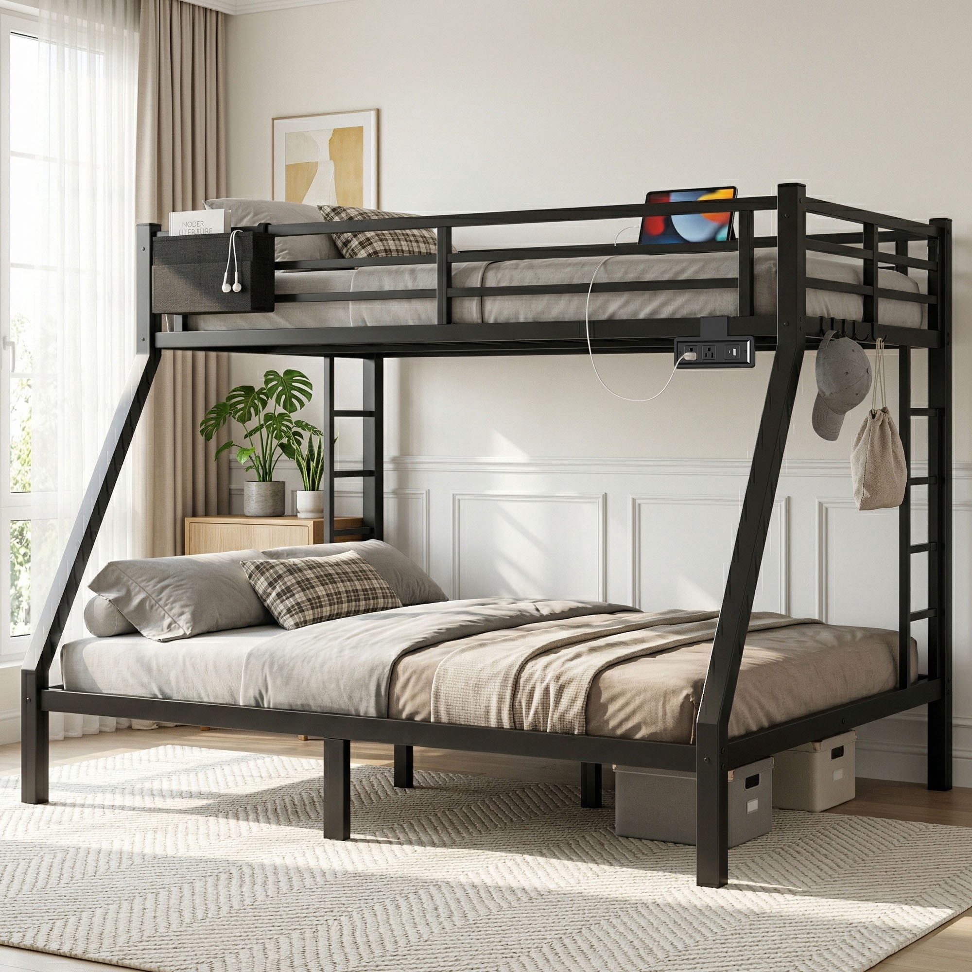 Miniyam Twin Over Full Metal Bunk Bed with Charging Station, LED and Storage for Teens and Adults, Black
