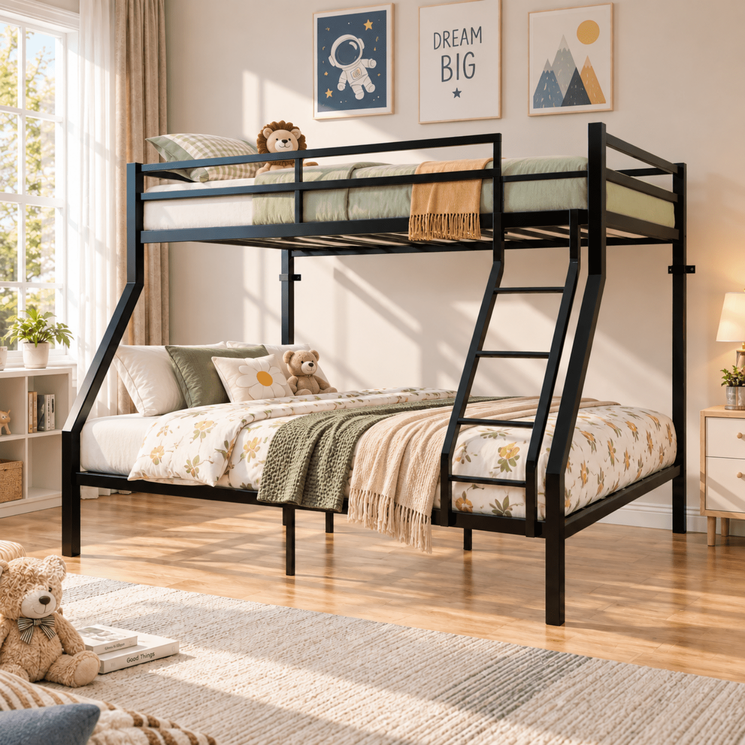 Miniyam Twin Over Full Metal Bunk Bed with Guardrails and Angled Ladder, Black