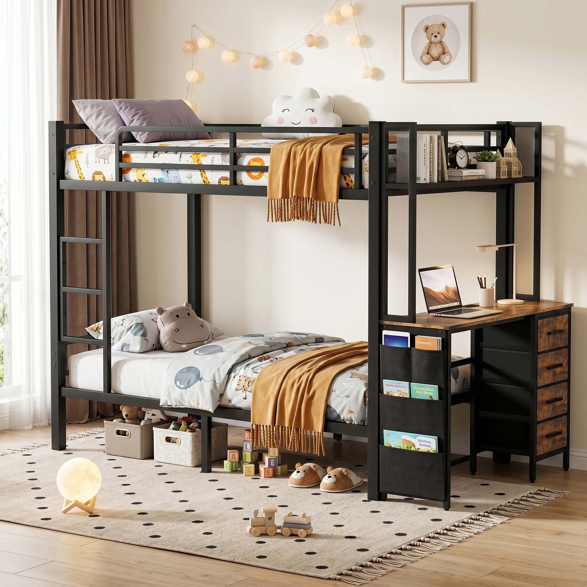 Miniyam Twin Over Twin Bunk Bed with Desk, Storage and Charging Station, Metal Frame, Black