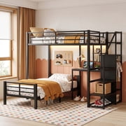 Miniyam Twin Over Twin Bunk Bed with Storage Stairs, Gaming Desk, LED Light and Power Outlet, Black