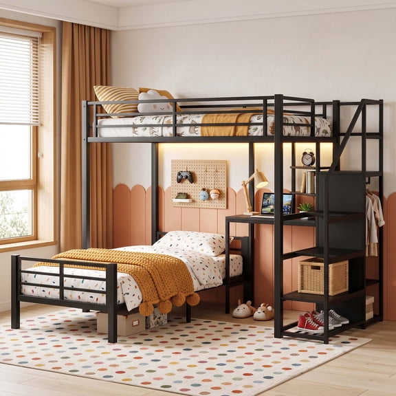 Miniyam Twin Over Twin Bunk Bed with Storage Stairs, Gaming Desk, LED Light and Power Outlet, Black