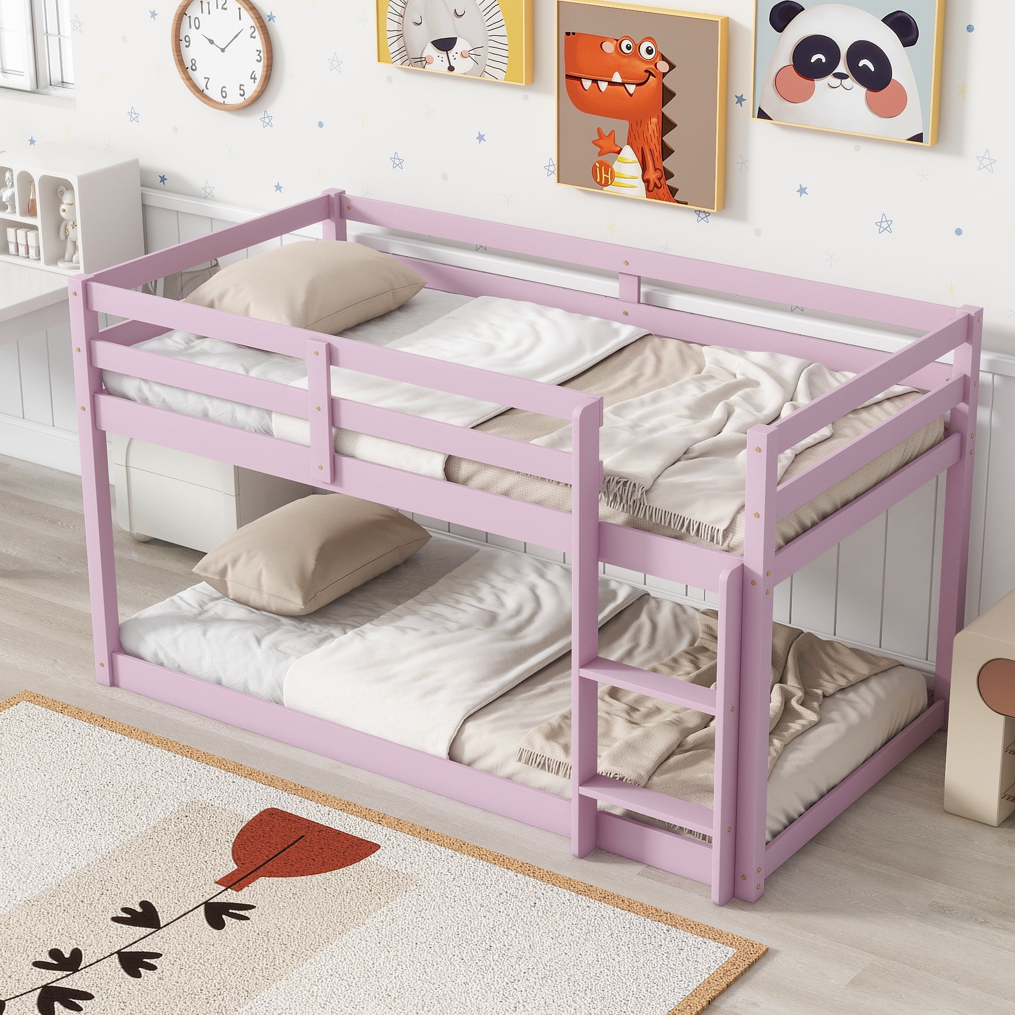 Miniyam Wood Twin over Twin Floor Bunk Bed with Ladder and Guardrails, Pink