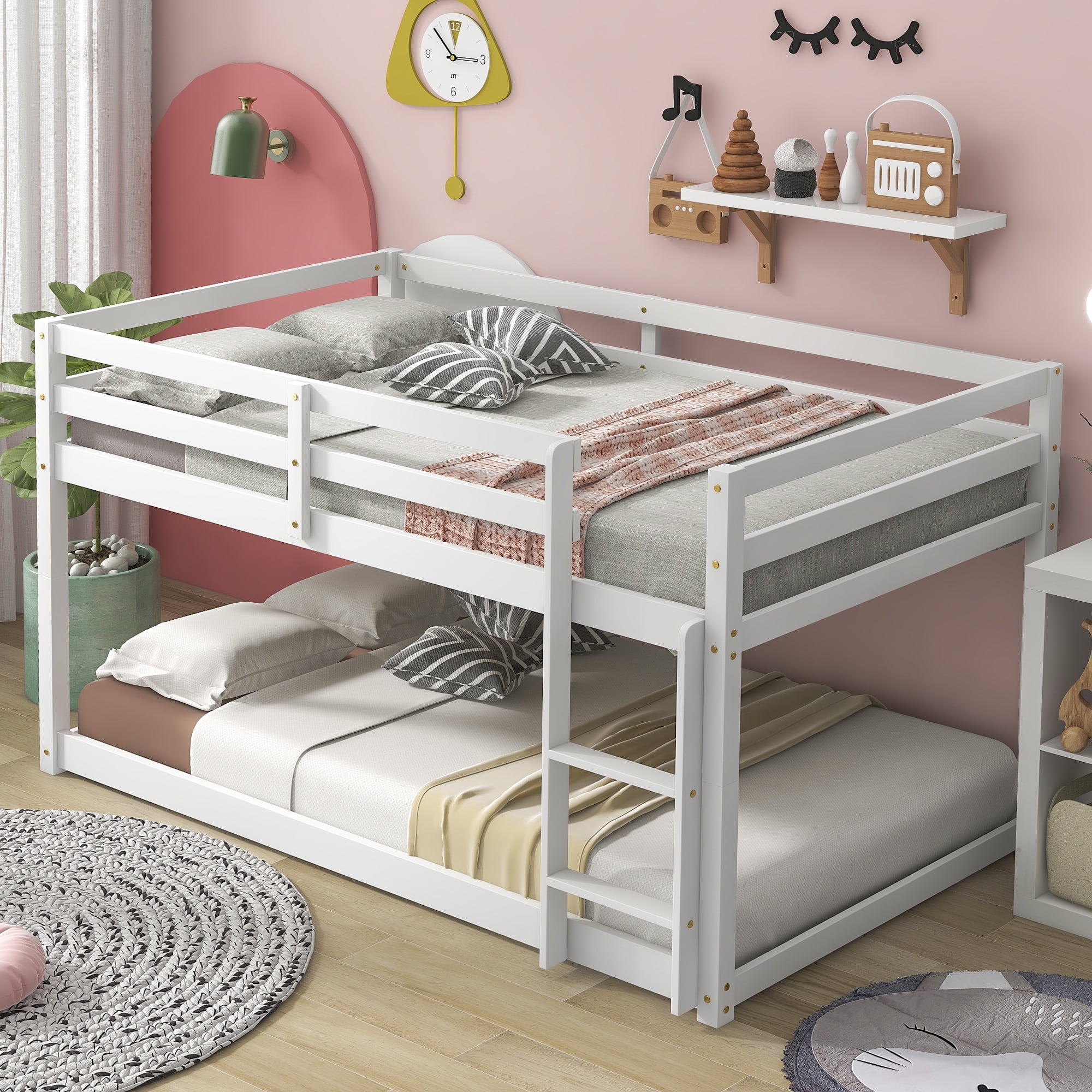Miniyam Twin Over Twin Low Bunk Bed for Kids Boys Girls White