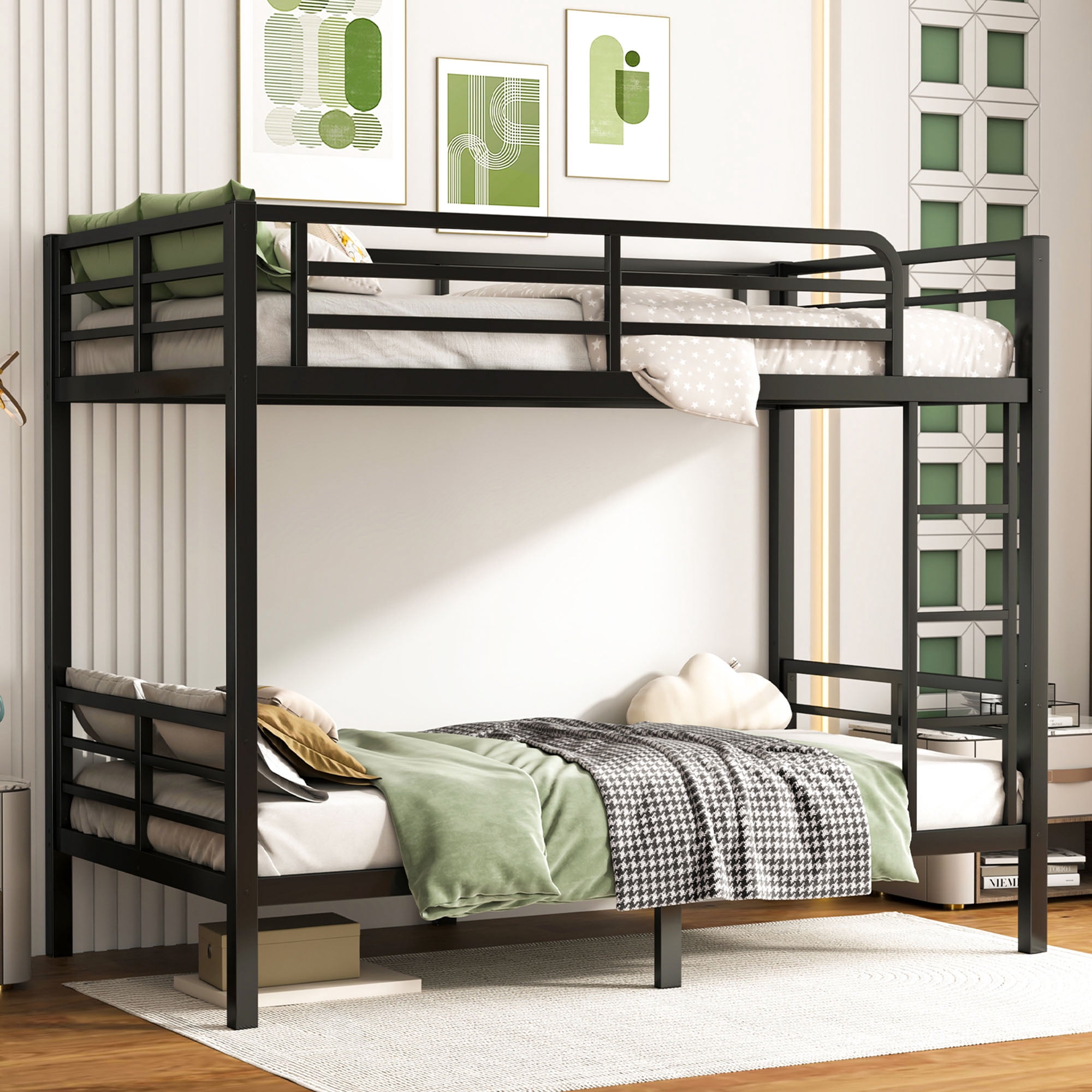 Miniyam Twin over Twin Metal Bunk Bed Frame, Noise Free, Space Saving, Black