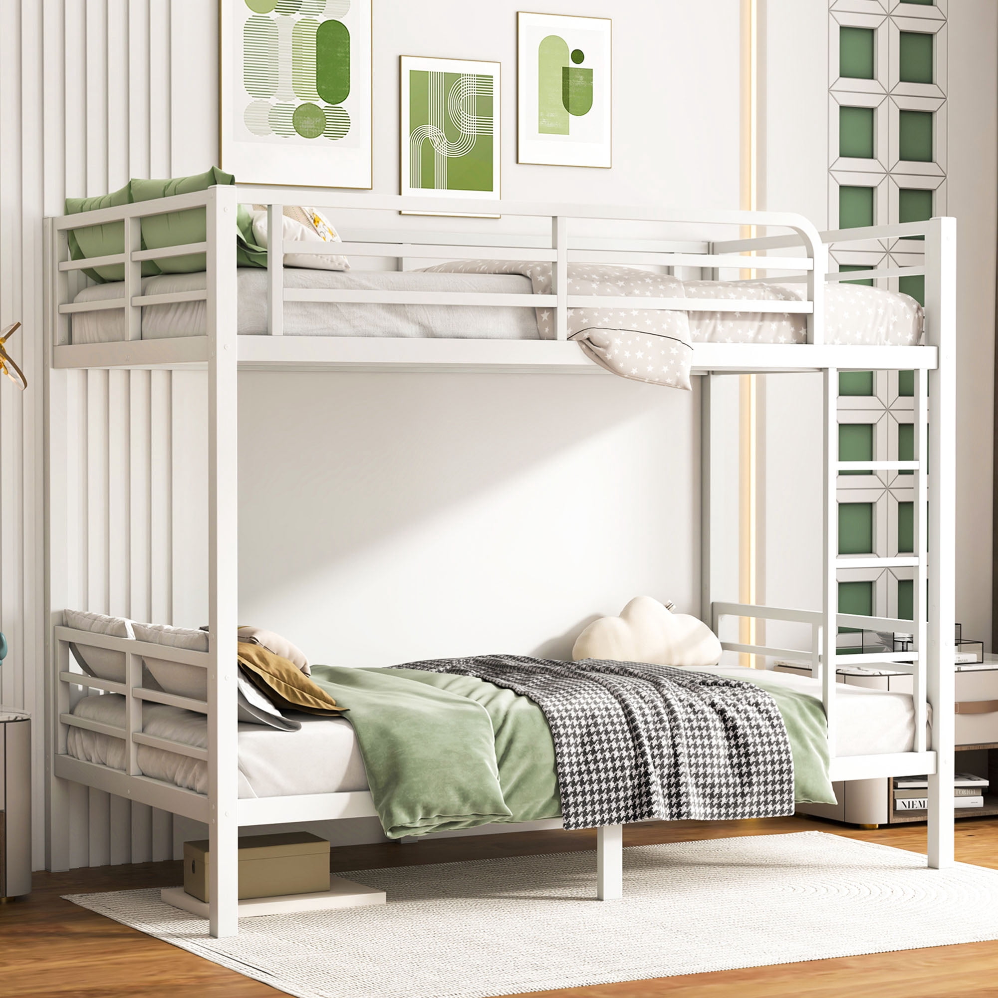 Miniyam Twin Over Twin Metal Bunk Bed Frame, Noise Free, Space Saving, White