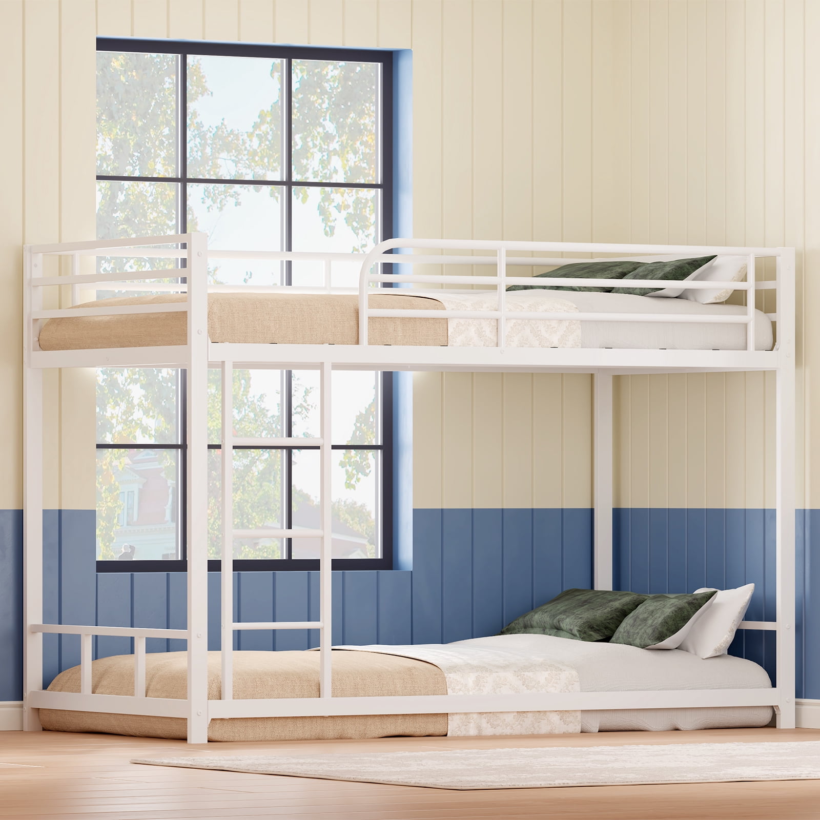 Miniyam Twin Over Twin Metal Bunk Bed Frame with Ladder and Guardrails, Heavy Duty Steel Design, No Box Spring Needed, White