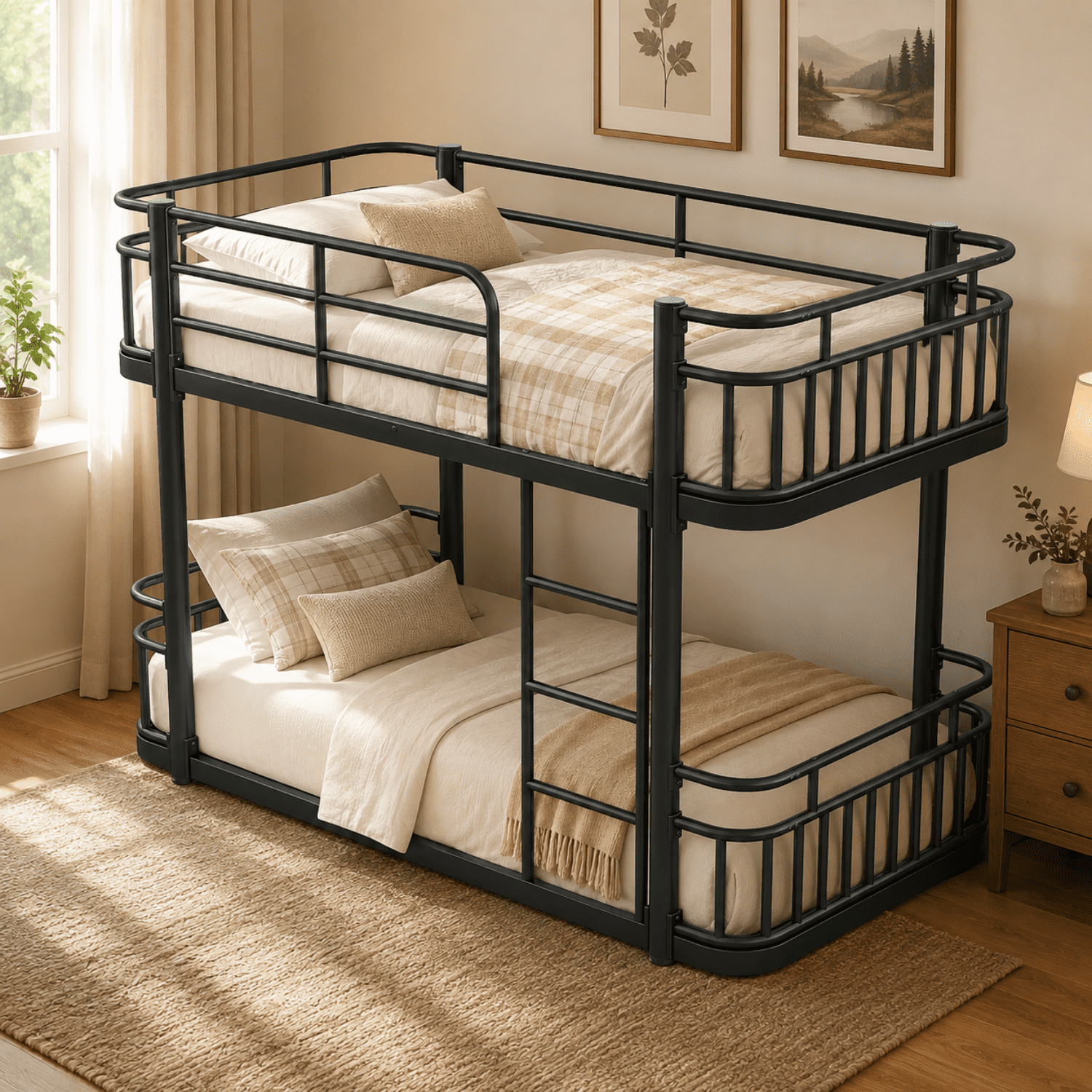Miniyam Twin Over Twin Metal Bunk Bed with 16.5" Guardrails, Built-In Ladder and Metal Slats, Black