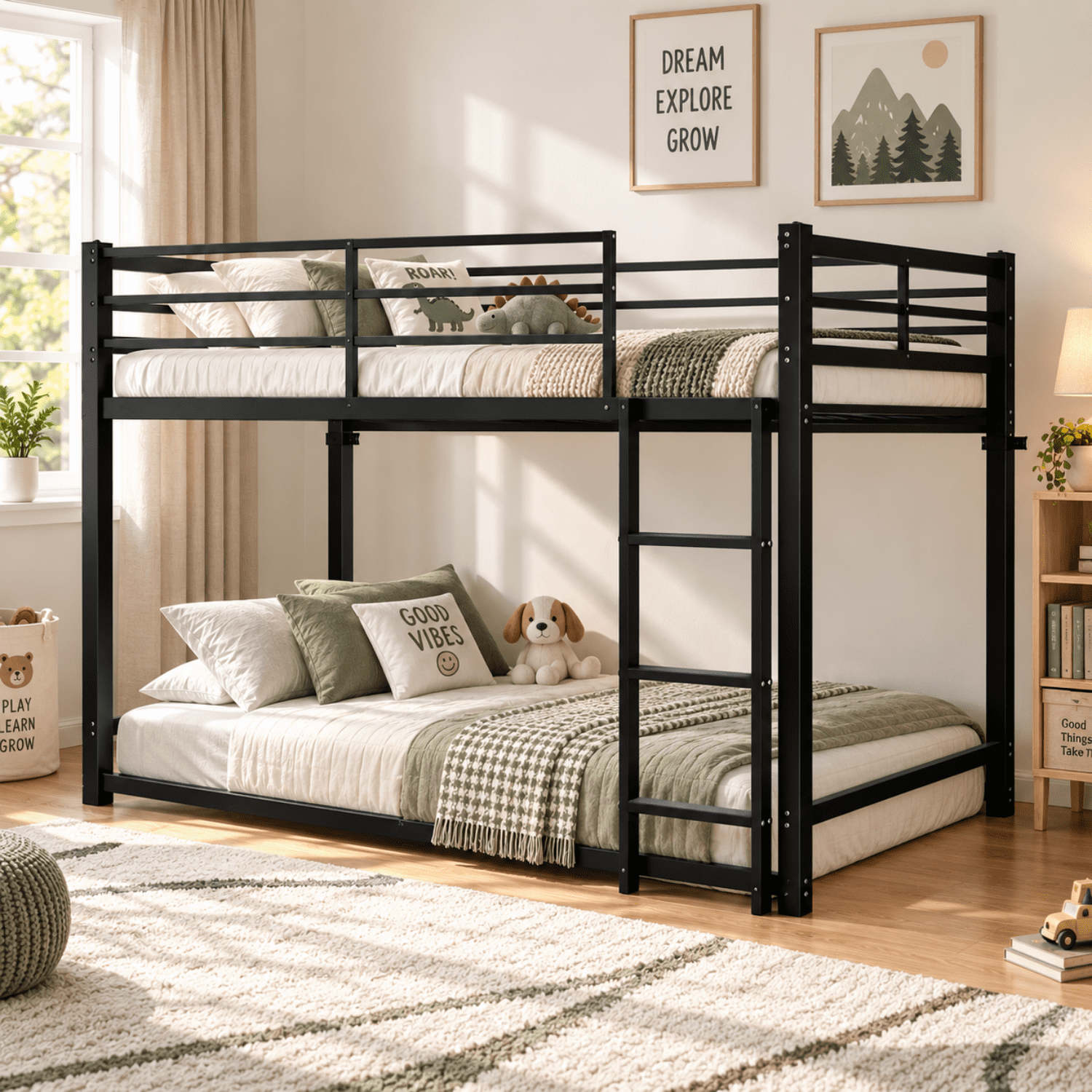 Miniyam Twin Over Twin Metal Bunk Bed with Full-Length Guardrails and Built-In Ladder, Black
