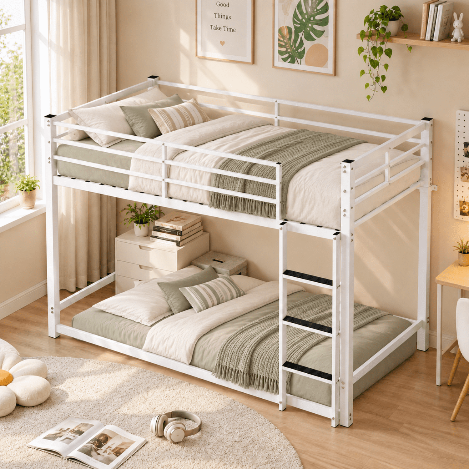 Miniyam Twin Over Twin Metal Bunk Bed with Full-Length Guardrails and Built-In Ladder, White