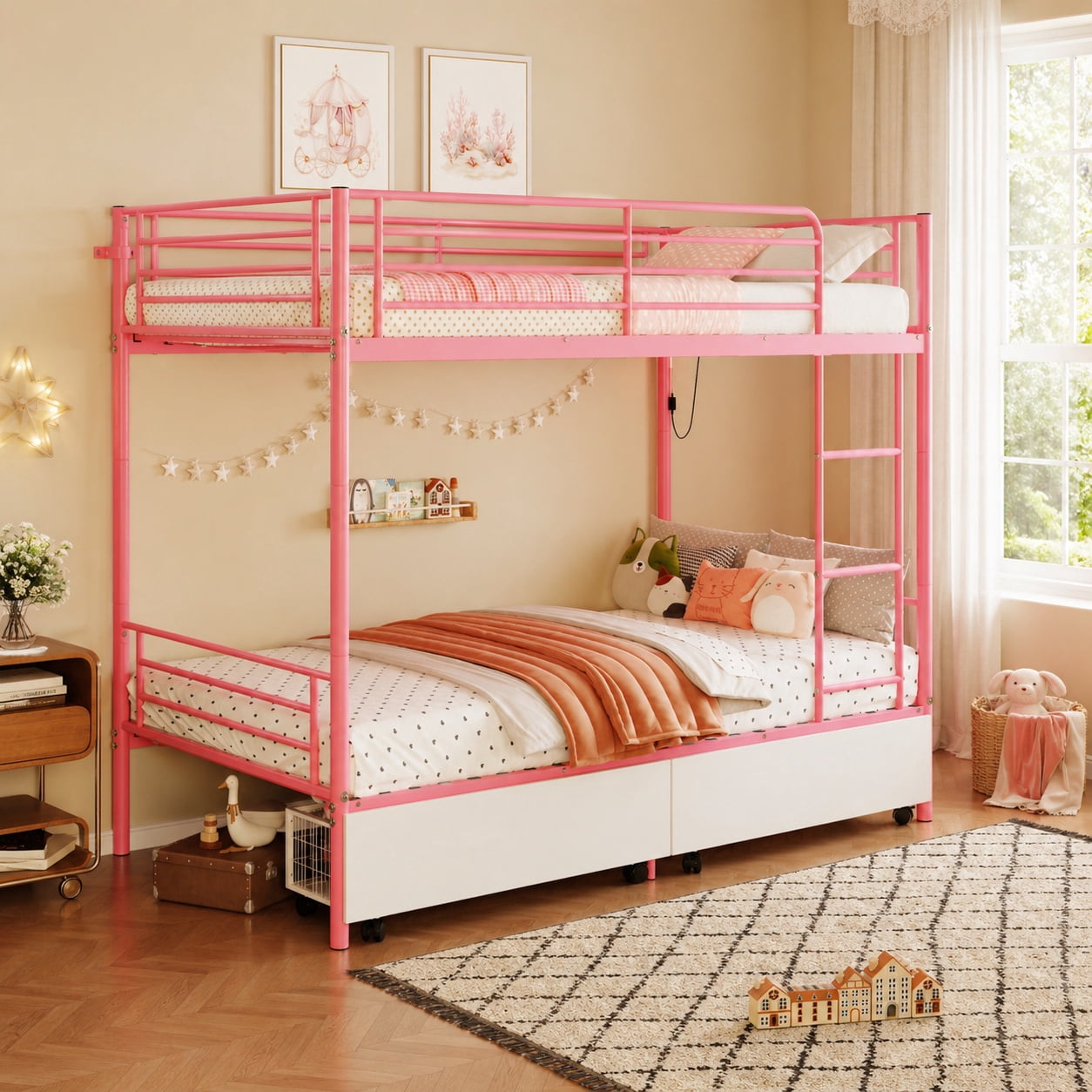 Miniyam Twin Over Twin Metal Bunk Bed with Storage Drawers, Convertible Bunk Bed with Guardrails, Ladder, Pink