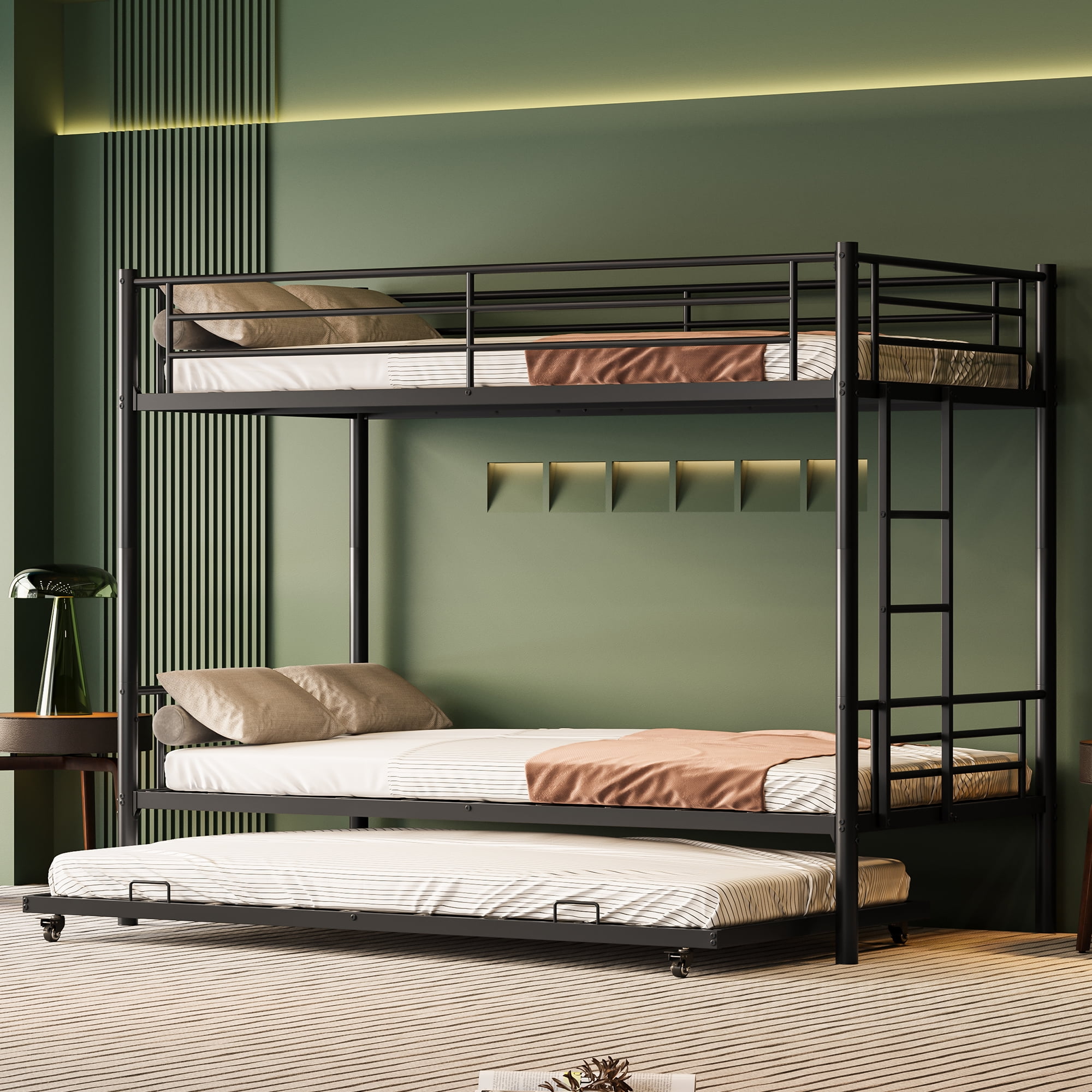 Miniyam Twin Over Twin Metal Bunk Bed with Trundle, Heavy-Duty Steel Frame, Space-Saving Design with Guardrails and Ladder, Black