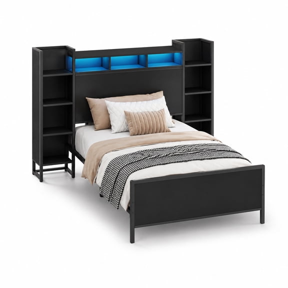Miniyam Twin Platform Bed Frame with Bookcase Headboard, Charging Station, LED Lights, Side Storage Shelves, Black