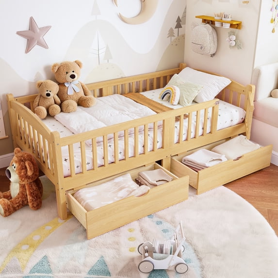 Miniyam Twin Platform Bed with Guardrails and Storage Drawers for Kids, Safe and Sturdy Bed for Children, Natural
