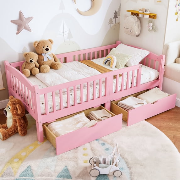 Miniyam Twin Platform Bed with Guardrails and Storage Drawers for Kids, Safe and Sturdy Bed for Children, Pink