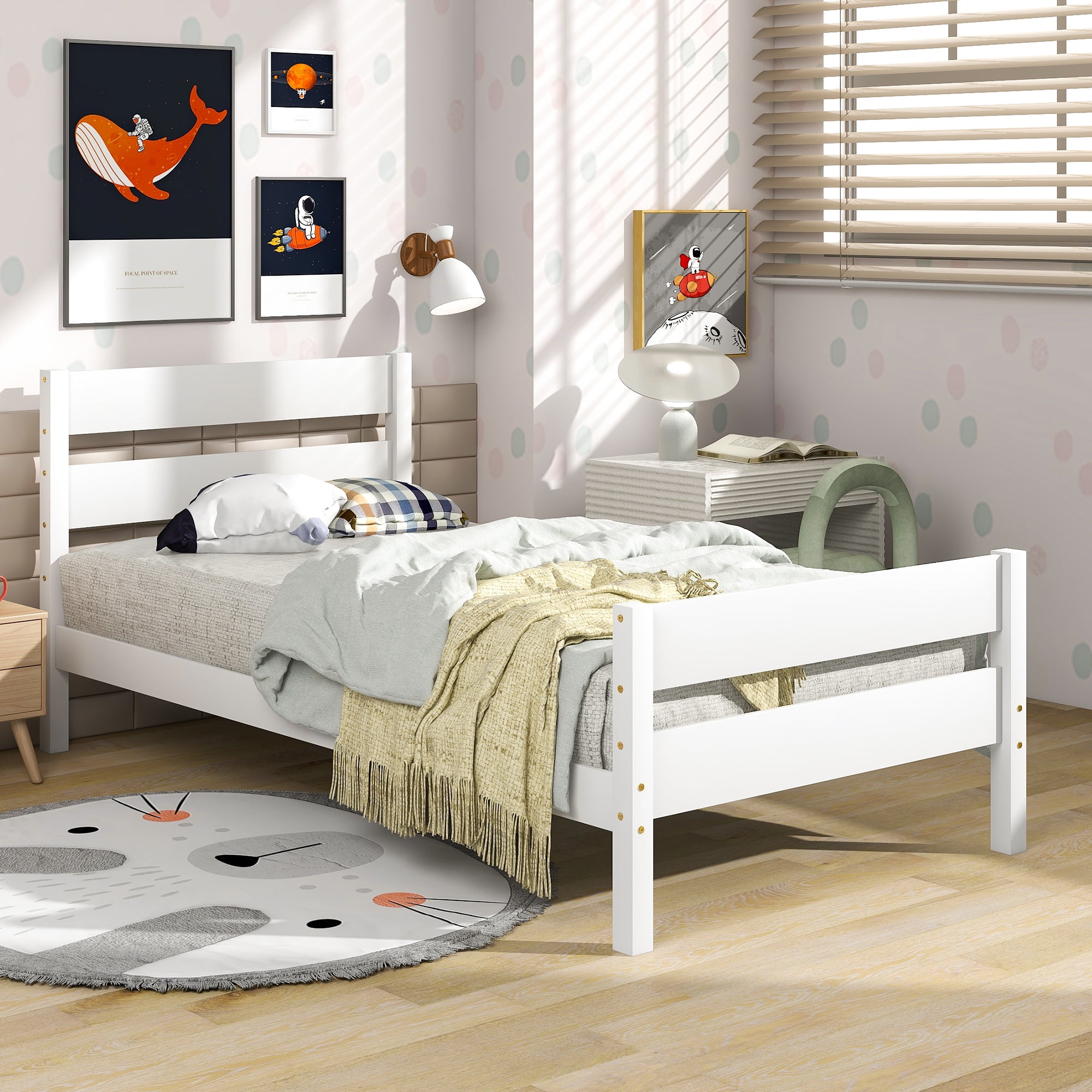 Miniyam Wood Twin Size Bed with Headboard Footboard for Kids White