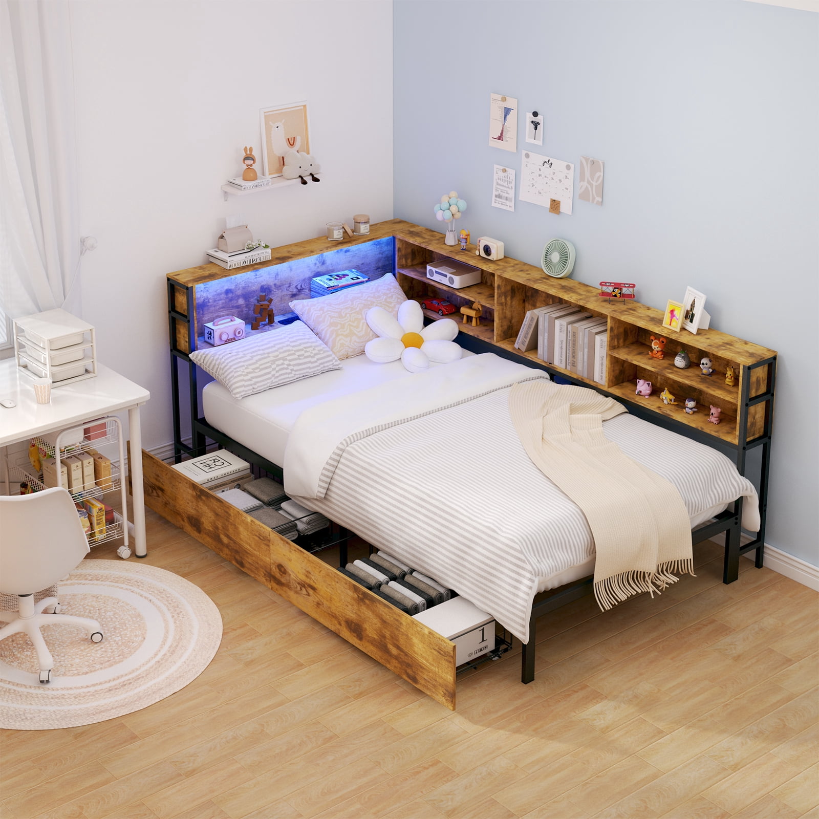 Miniyam Twin Size Bed with Storage, Bookcase, LED Lights and Drawers for Teens, Brown