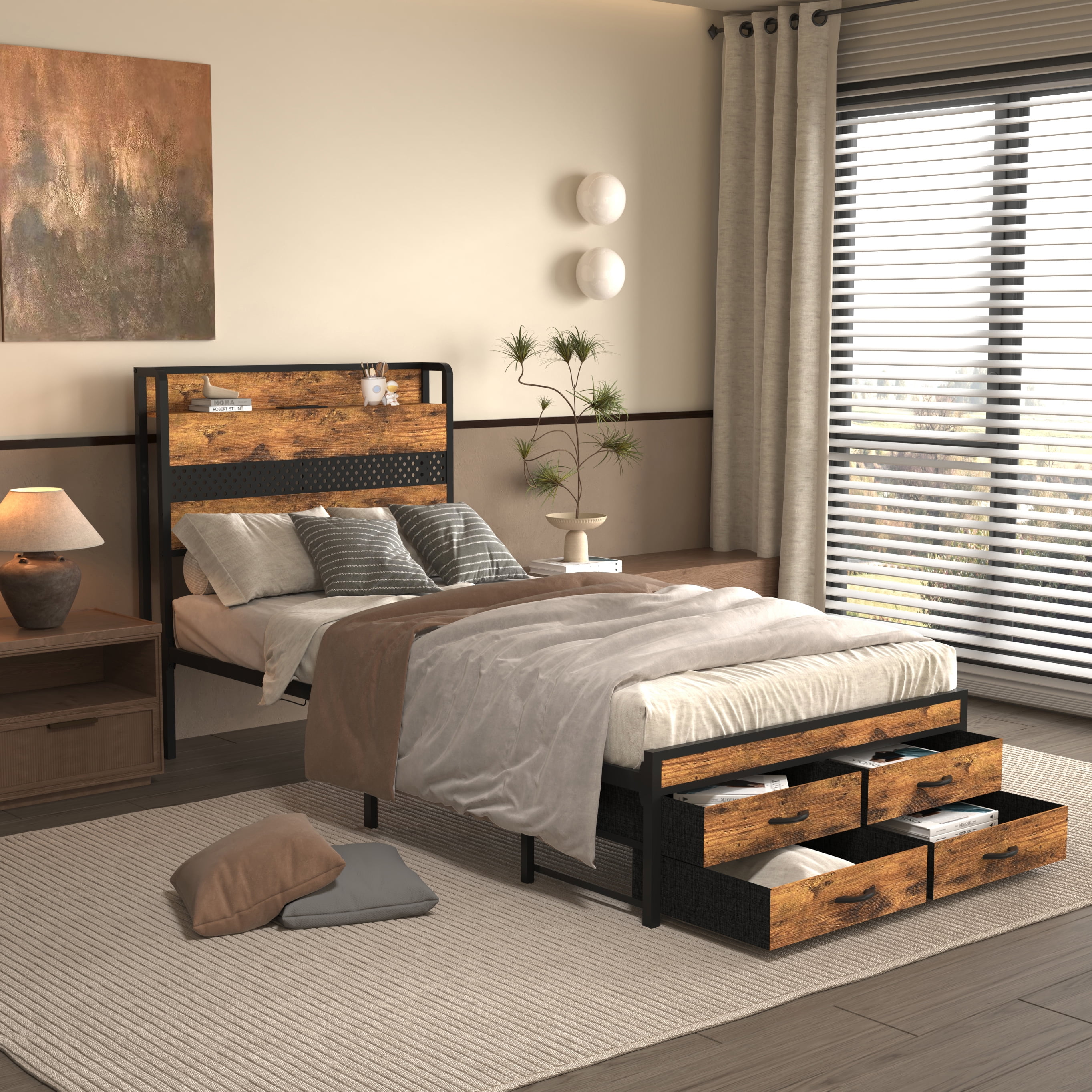 Miniyam Twin Size Bed with Storage Drawers, Charging Station for Adult, Brown