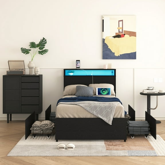 Miniyam Twin Size Bed with Storage Drawers, LED Lights, USB Charging Headboard for Teen, Black