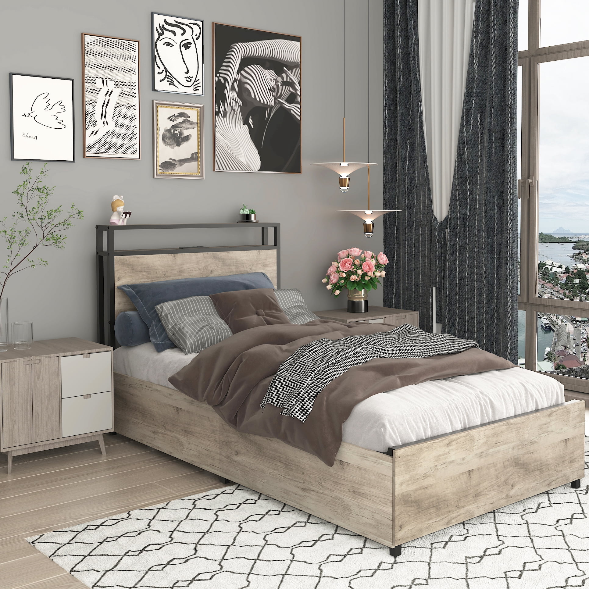 Miniyam Twin Size Bed with Storage Headboard, Charging Station for Teens, Gray