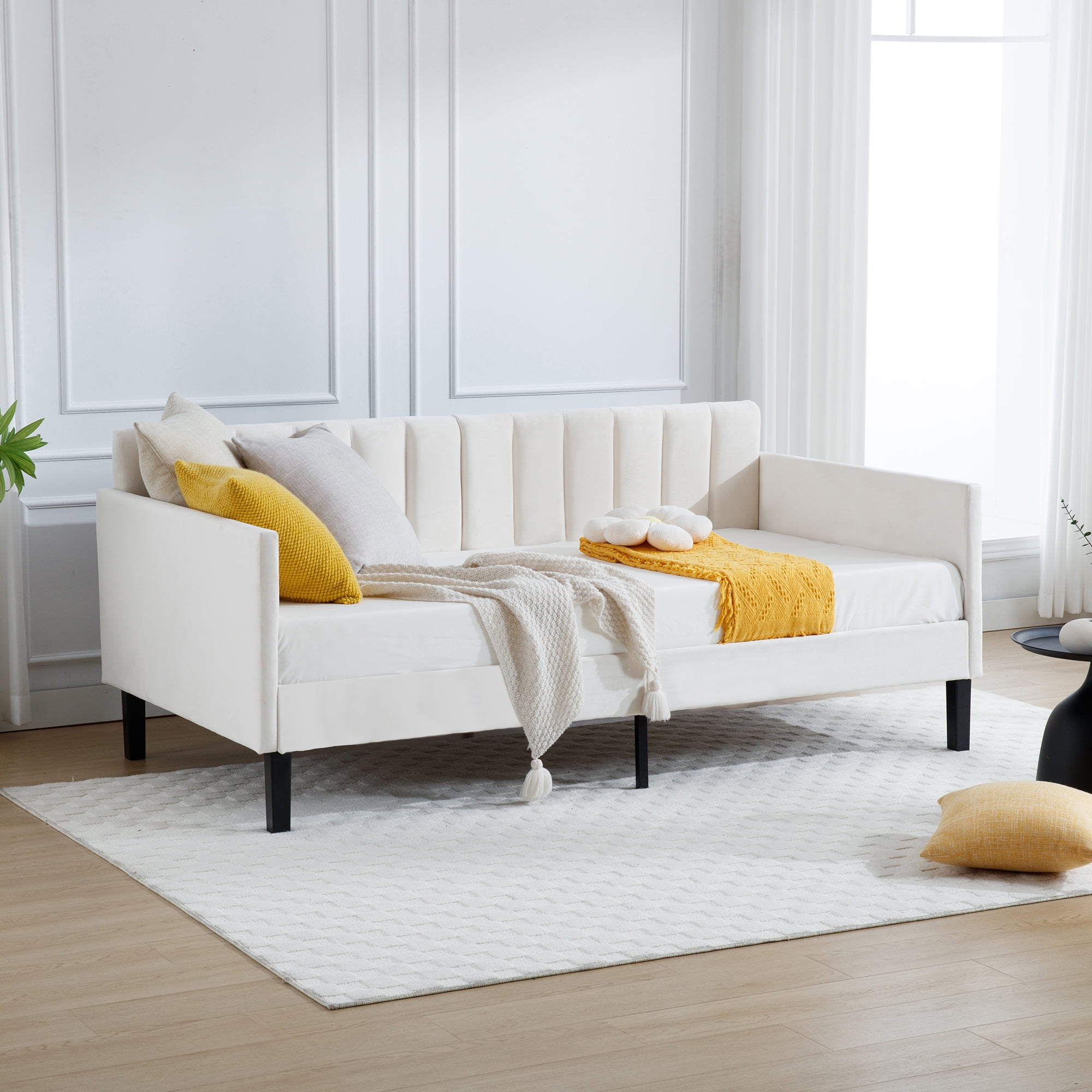 Miniyam Twin Size Beige Upholstered Daybed for Bedroom Living Room,Twin Daybed Frame with Wood Slat Support,No Spring Box Need