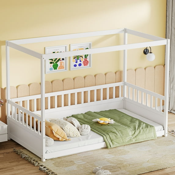 Miniyam Twin Size Canopy Bed with Guardrails for Kids and Teens, White