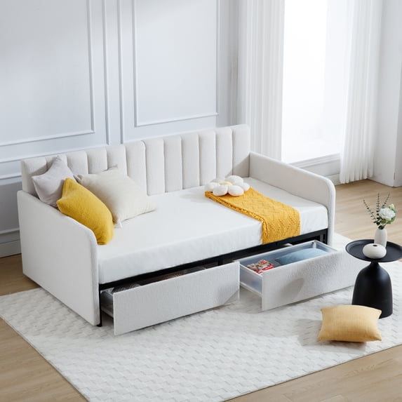 Miniyam Twin Size Daybed with Storage,Ivory Boucle Upholstered Daybed Frame with 2 Drawers for Bedroom Living Room,Wood Slat Support,No Spring Box Need