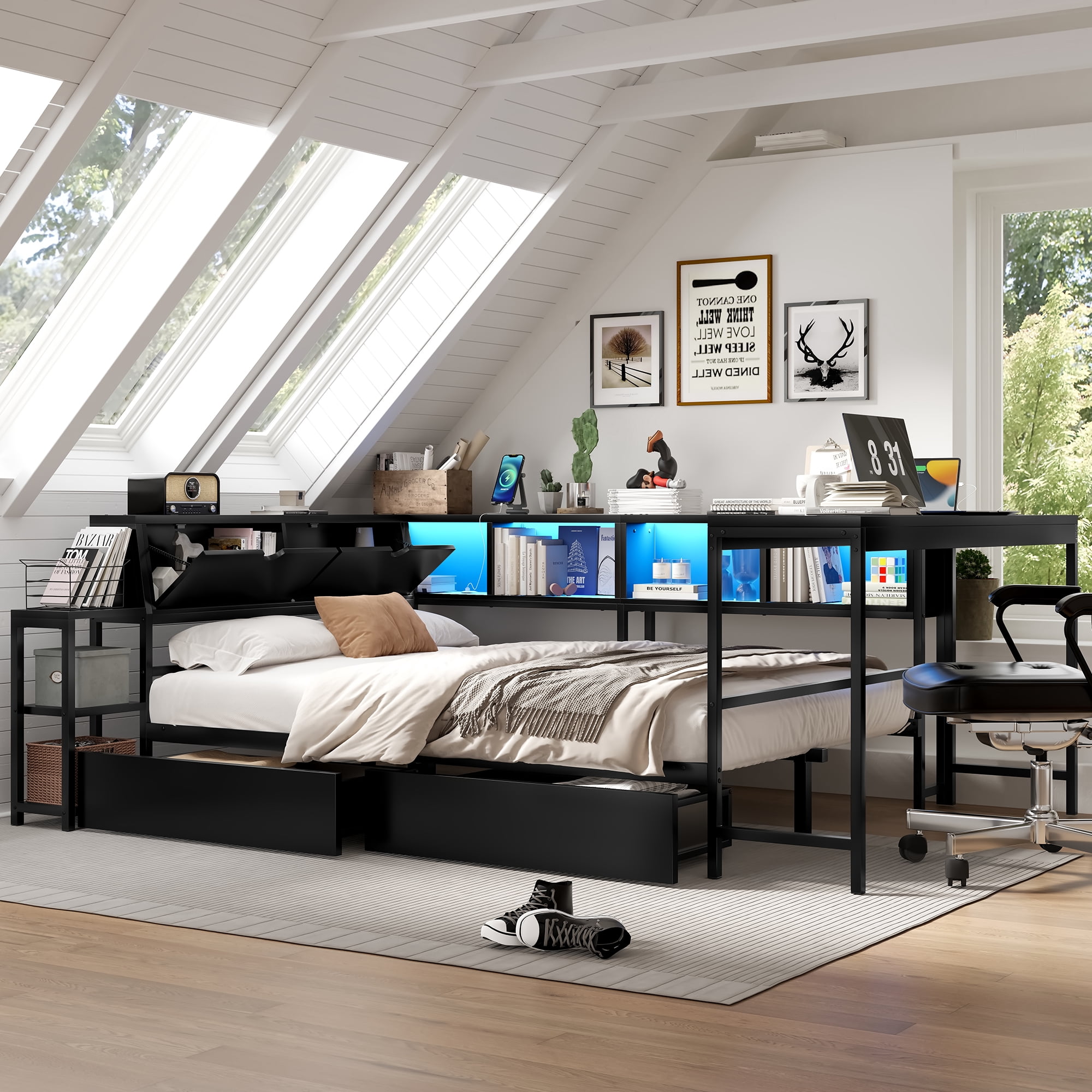 Miniyam Twin Size Daybed with LED Lights, Desk, Charging Station, Storage Drawers, Shelves and Flip-Up Headboard for Teens, Black
