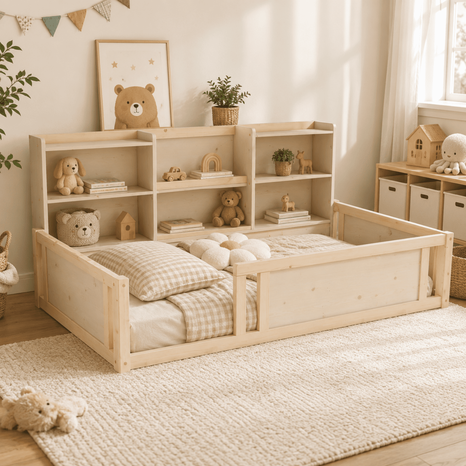 Miniyam Twin Size Floor Bed, Kids Bed Frame with Guardrails and 6 Built-In Side Storage Shelves, Natural