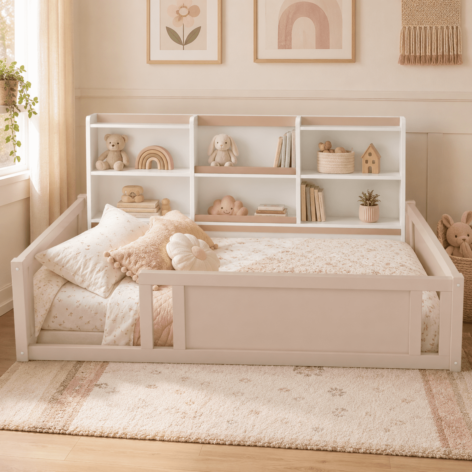 Miniyam Twin Size Floor Bed, Kids Bed Frame with Guardrails and 6 Built-In Side Storage Shelves, Nude and White
