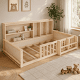 thumbnail image 1 of Miniyam Twin Size Floor Bed, Kids Wood Bed Frame with Guardrails, Side Bookshelf, Natural, 1 of 7