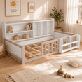 thumbnail image 1 of Miniyam Twin Size Floor Bed, Kids Wood Bed Frame with Guardrails, Side Bookshelf, Nude and White, 1 of 7